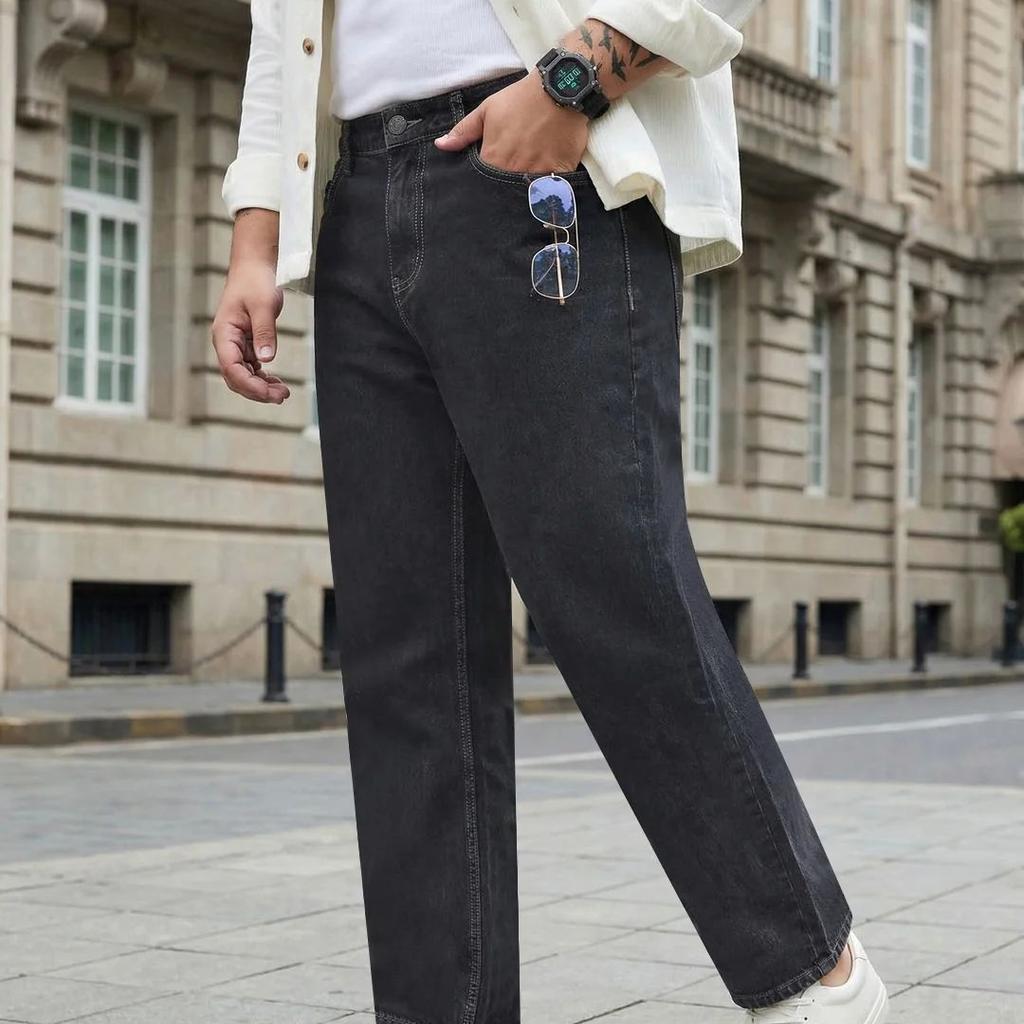 Plus Men's Dark Grey Relaxed Fit Washed Denim Jeans Non-Stretchable