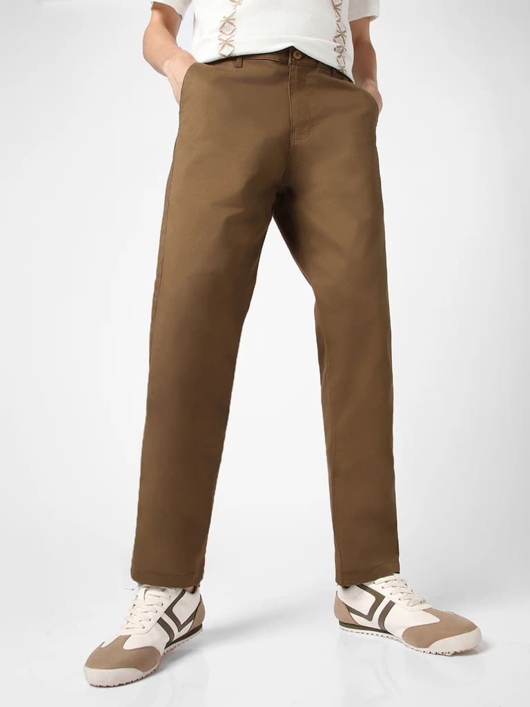 Men's Brown Cotton Regular Fit Casual Chinos Trousers Stretch — 28 / Brown