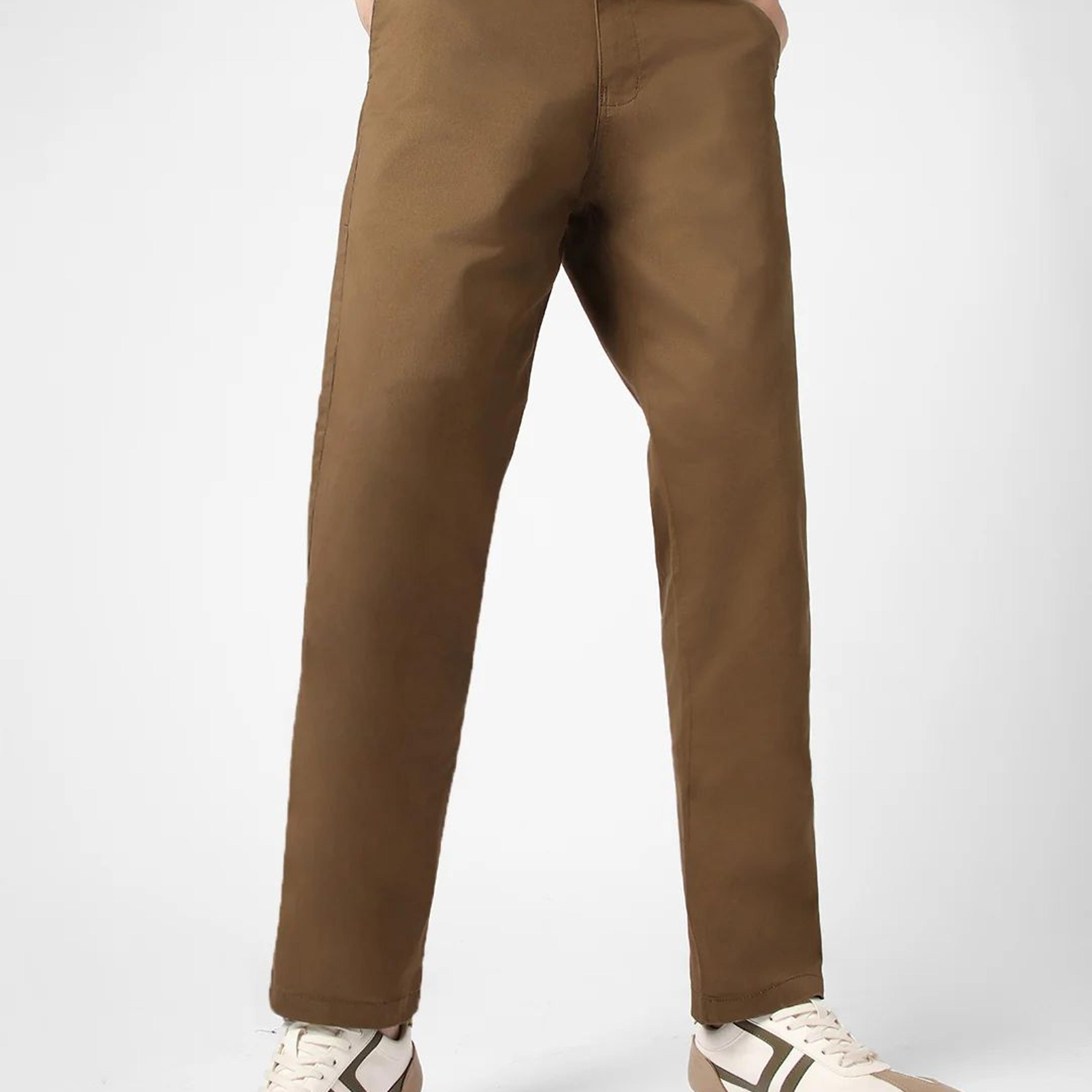 Men's Brown Cotton Regular Fit Casual Chinos Trousers Stretch