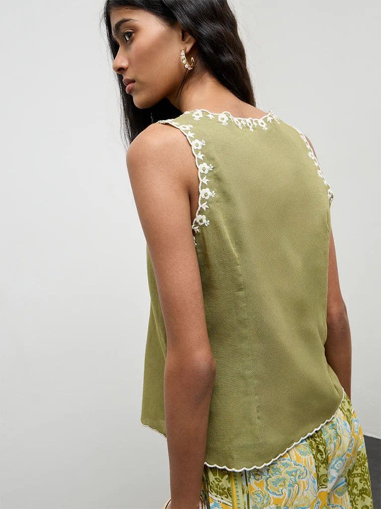 Bombay Paisley Olive Embroidered Cotton-Blend Top — photo 4