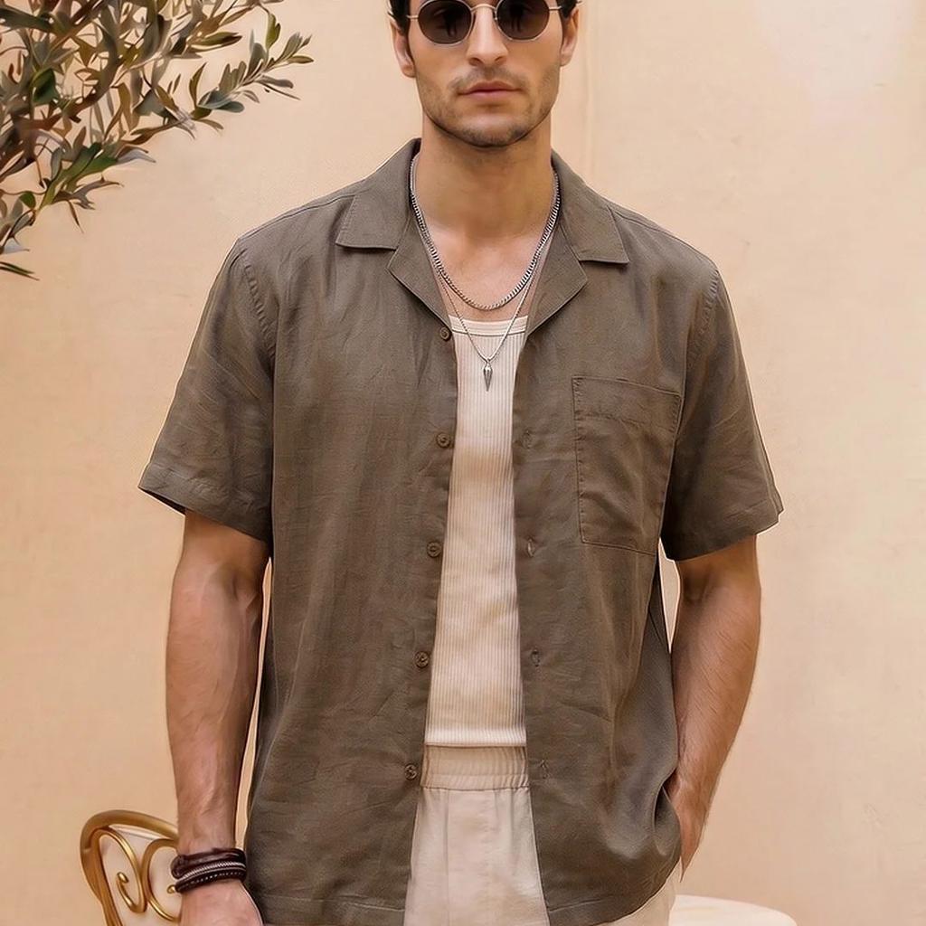 Men's Coffee Linen Half Sleeve Oversized Fit Shirt with Cuban Collar