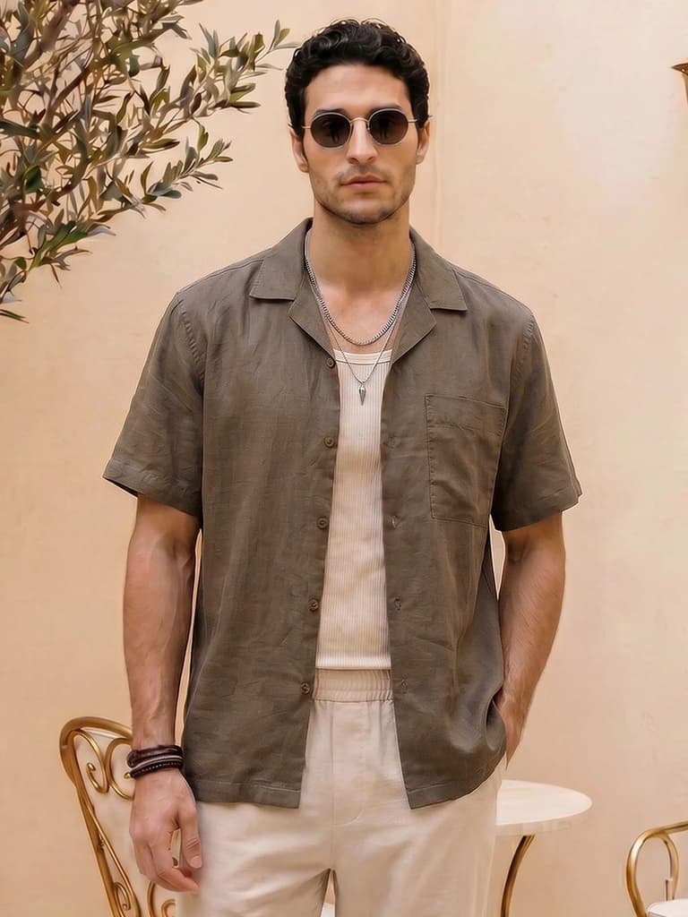Men's Coffee Linen Half Sleeve Oversized Fit Shirt with Cuban Collar — S / Coffee