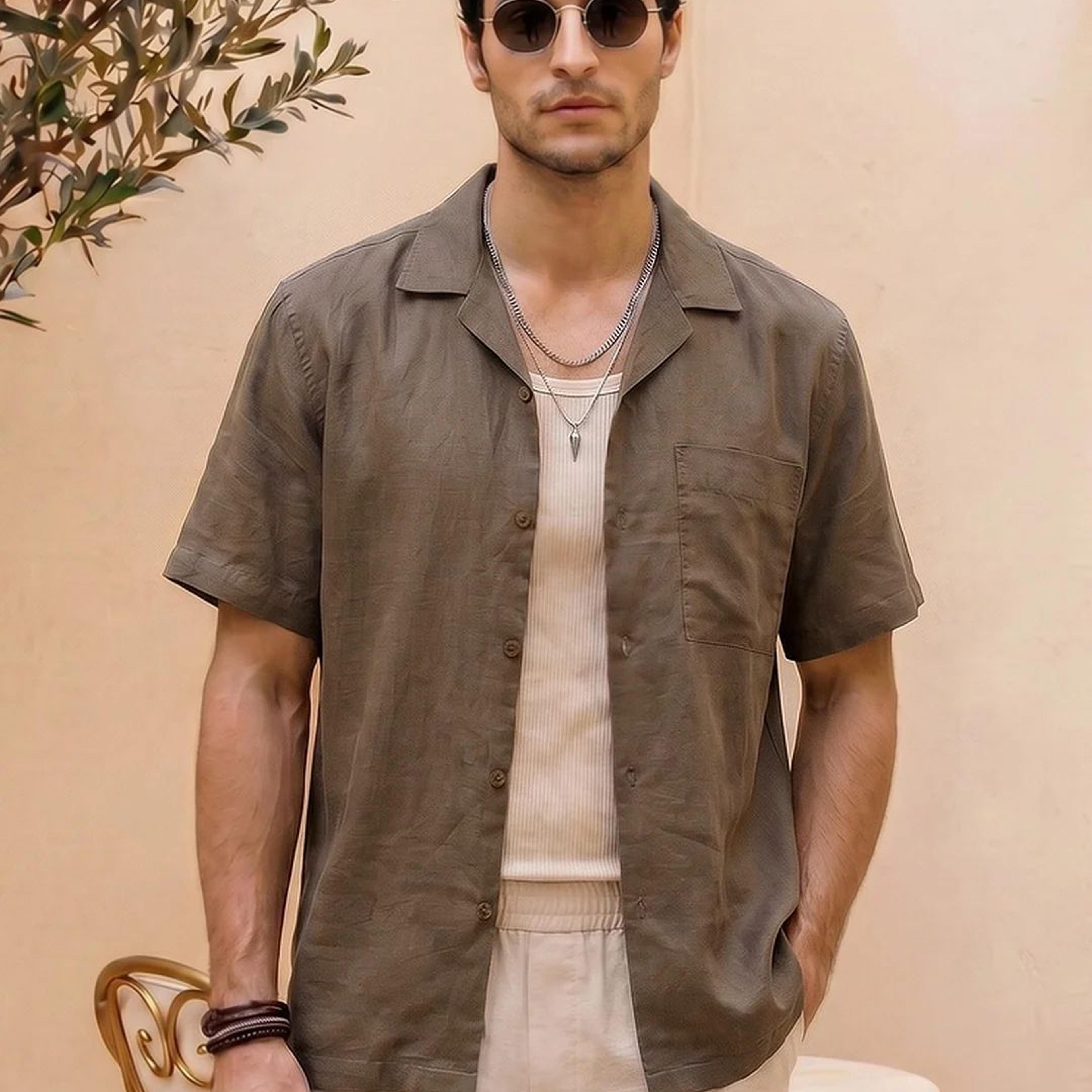 Men's Coffee Linen Half Sleeve Oversized Fit Shirt with Cuban Collar