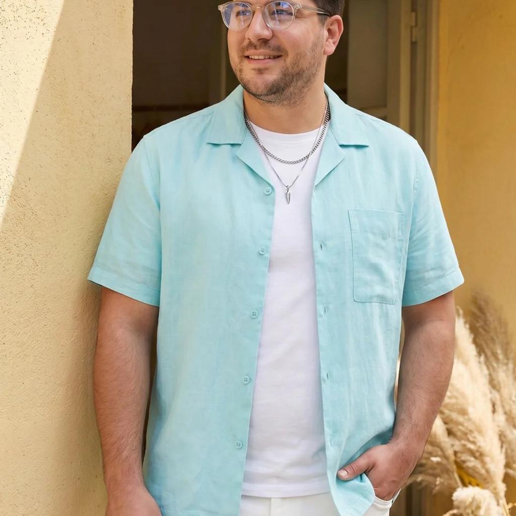 Plus Men's Sky Blue Linen Half Sleeve Oversized Fit Shirt with Cuban Collar
