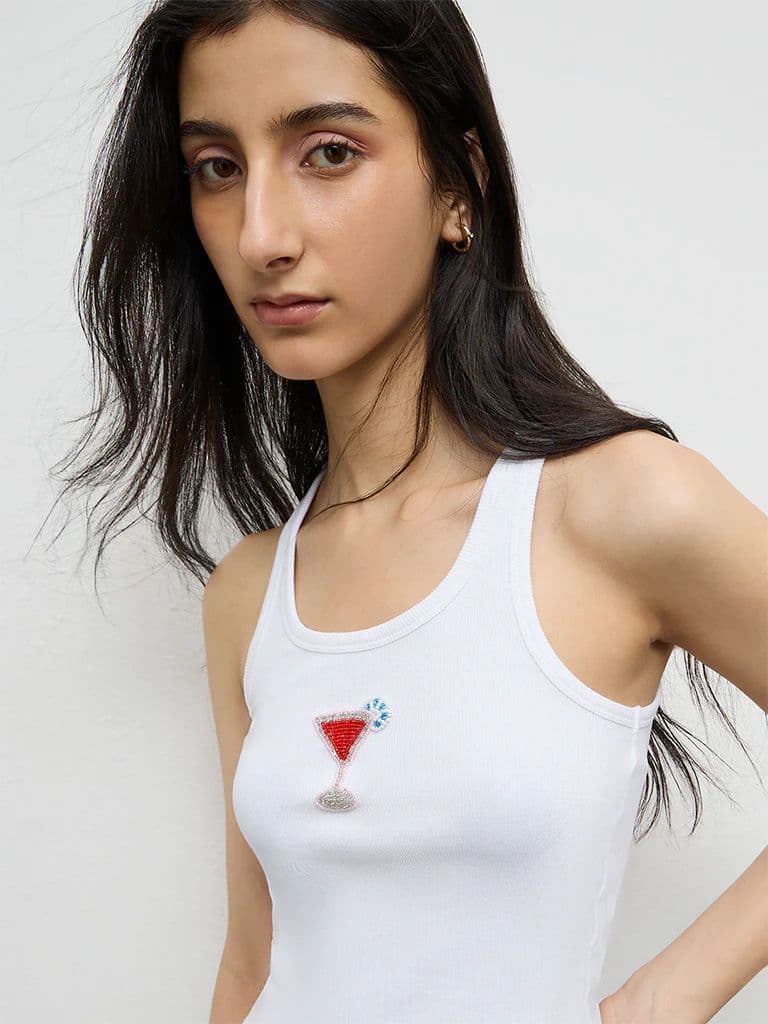 Nuon White Embellished Ribbed Cotton-Blend Top — photo 3
