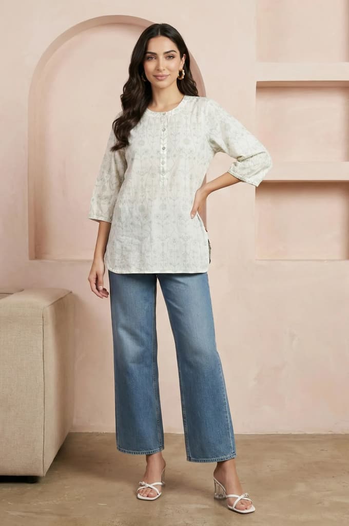 Light Green Schiffli Embroidered Pure Cotton Straight Top — photo 3