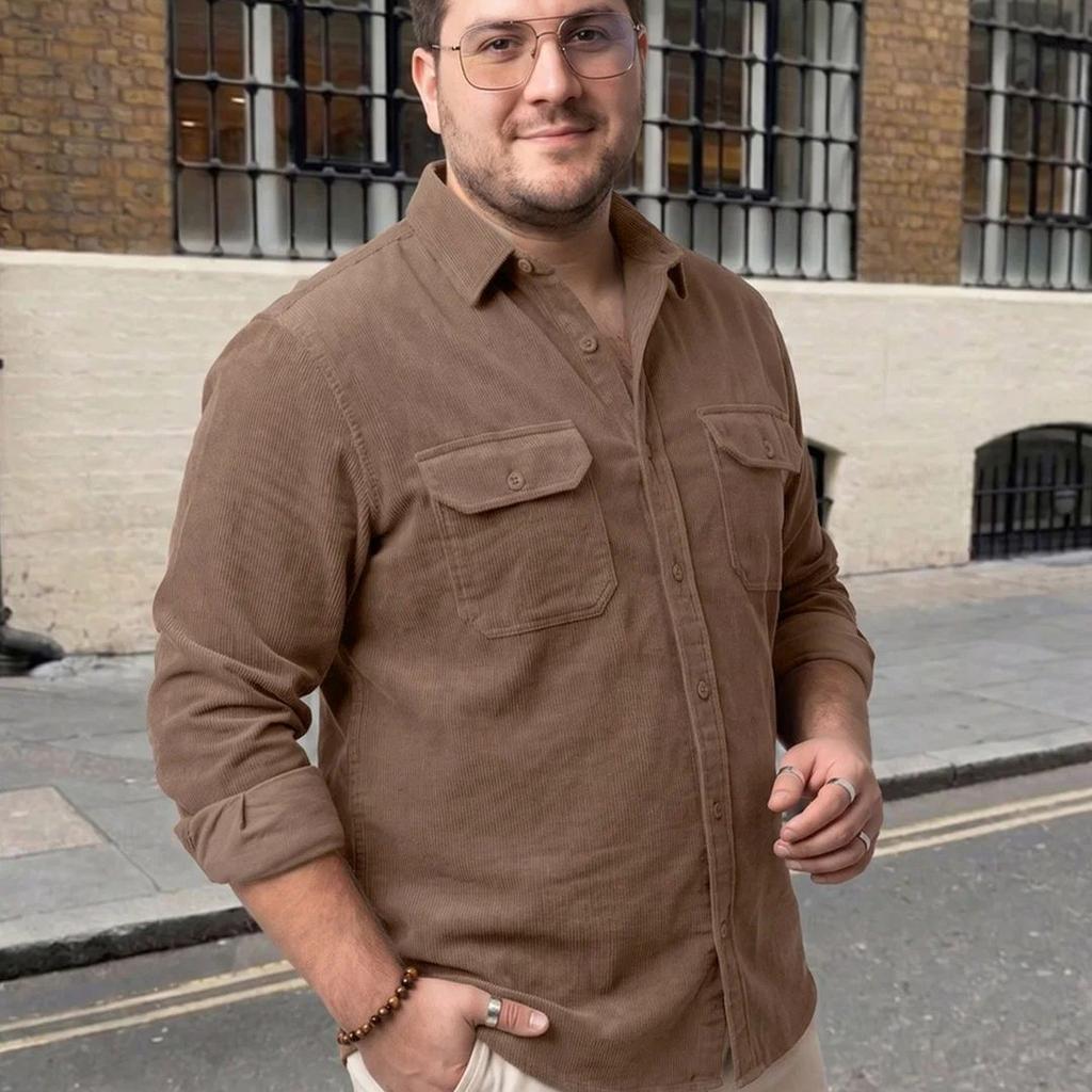 Plus Men's Taupe Corduroy Full Sleeve Regular Fit Solid Overshirt with Utility Pockets