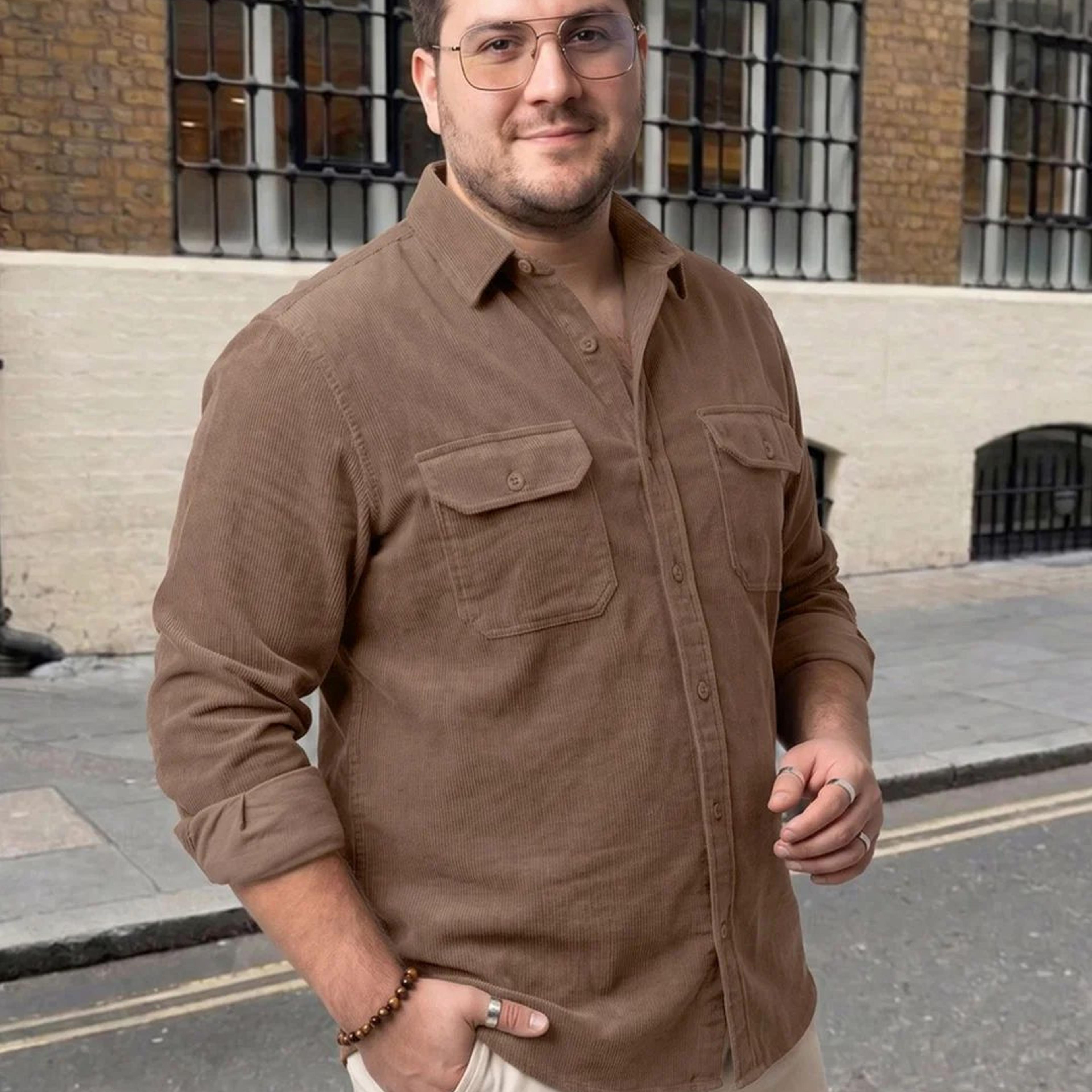 Plus Men's Taupe Corduroy Full Sleeve Regular Fit Solid Overshirt with Utility Pockets