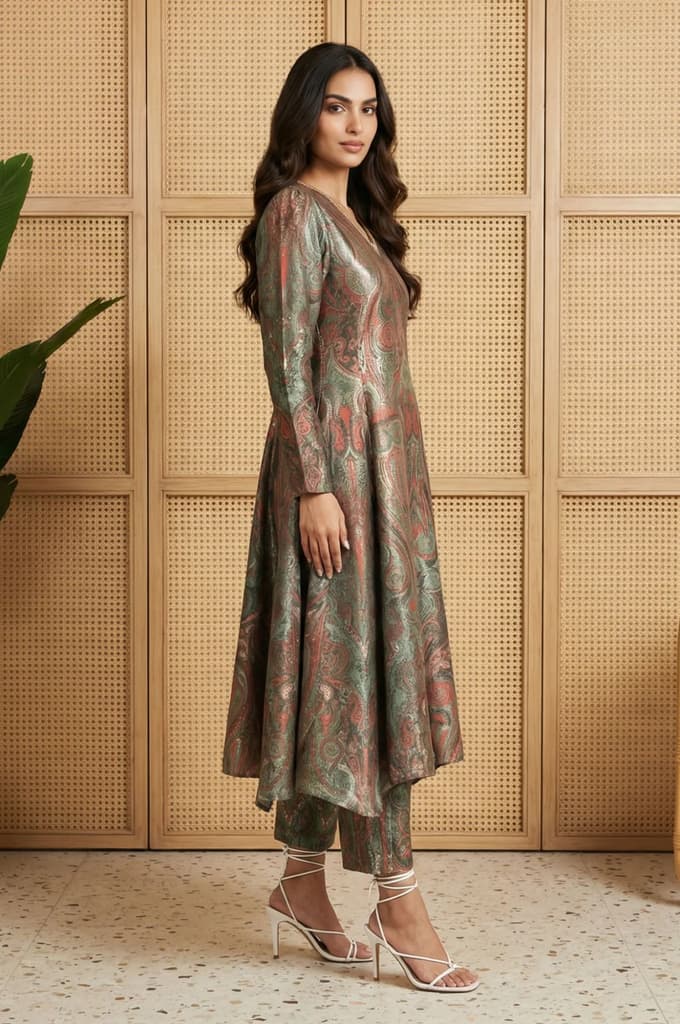 Green Paisley Mettalic Embroidered Pashmina Shimmer Anarkali Kurta with Straight Pants Set — photo 4
