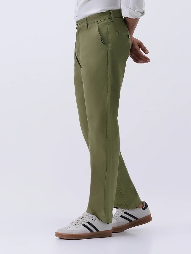 Men's Light Olive Cotton Regular Fit Casual Chinos Trousers Stretch — photo 2