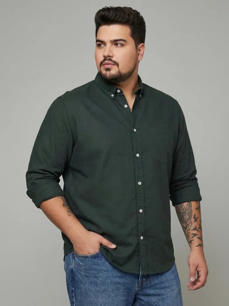 Plus Men's Dark Green Cotton Full Sleeve Regular Fit Solid Oxford Shirt With Button-Down Collar — photo 2