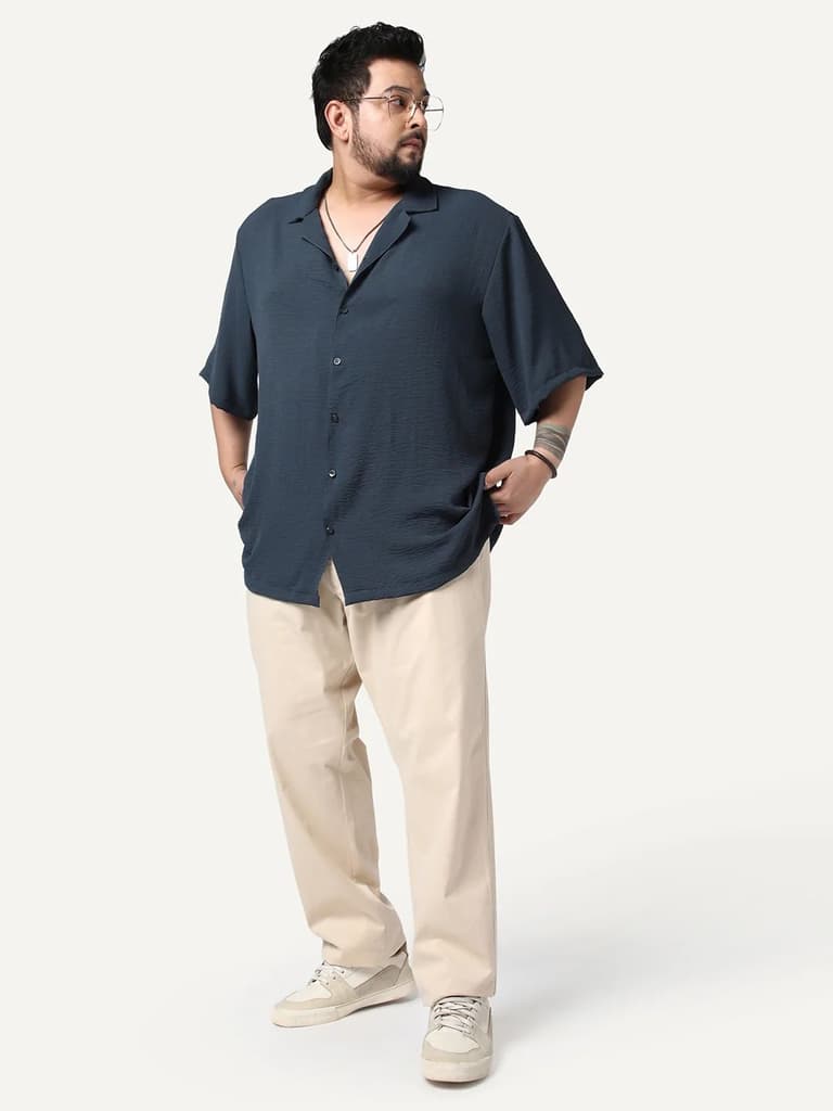 Plus Men's Steel Cotton Half Sleeve Relaxed Fit Textured Shirt with Cuban Collar — photo 4