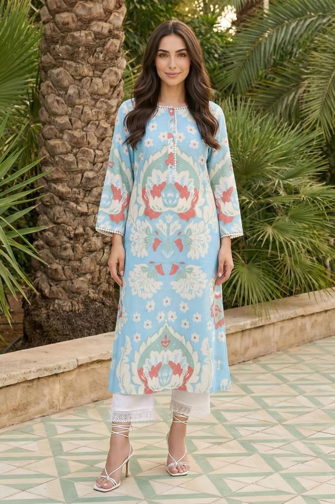 Blue Ikkat Lace Trim Straight Kurta — XS