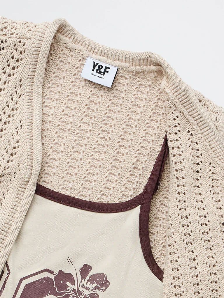 Y&F Kids Girls Beige Printed Cotton Top — photo 5