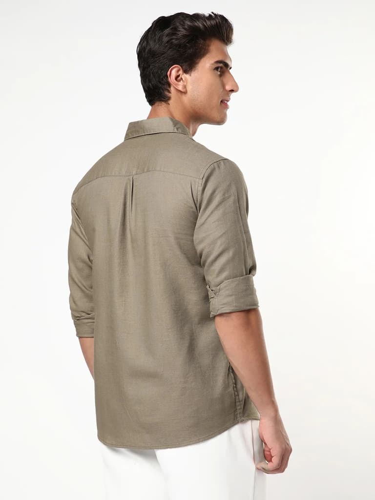 Men's Coffee Linen Blend Full Sleeve Relaxed Fit Casual Solid Shirt — photo 3