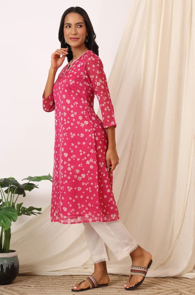 Pink Floral Printed Organza Straight Kurta — photo 4
