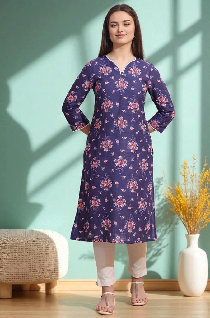 Purple Bold Floral Printed Cotton Cambric Straight Kurta — XS