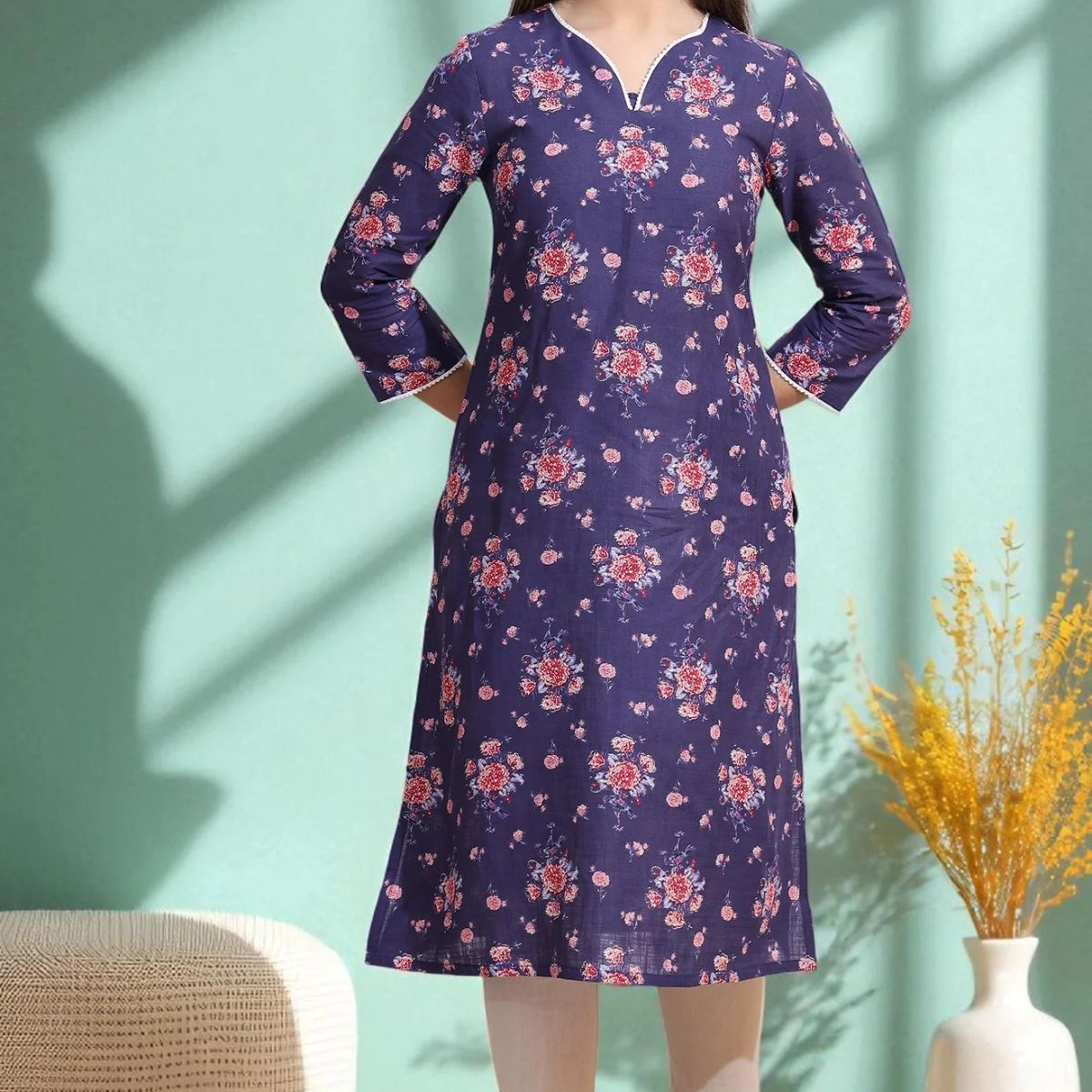 Purple Bold Floral Printed Cotton Cambric Straight Kurta