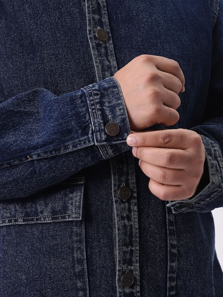 Plus Men's Dark Blue Relaxed Fit Full Sleeve Utility Denim Jacket — photo 7