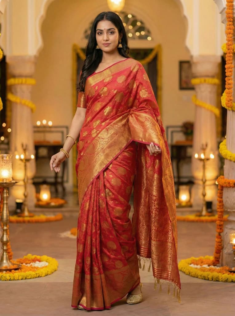 MIMOSA Women's Woven Design Kanjivaram Style Art Silk Saree with Blouse Piece - Strawberry ( SA00003142STFREE ) — photo 2