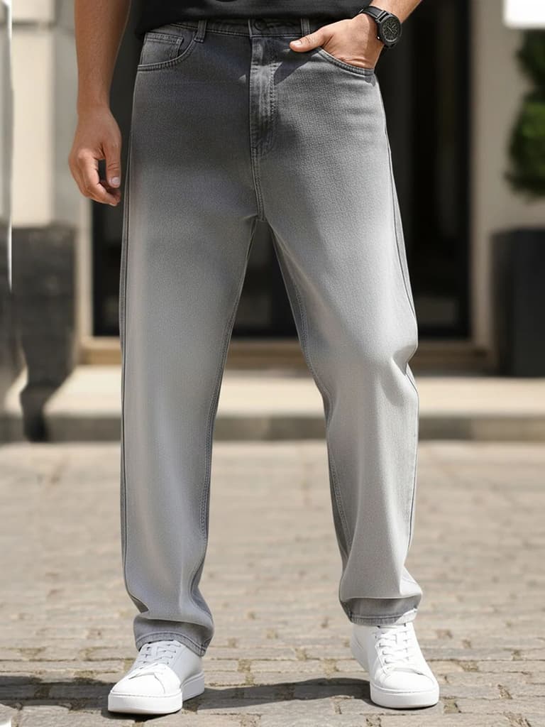 Men's Grey Loose Baggy Fit Heavy Washed Faded Denim Jeans Non-Stretchable — photo 2