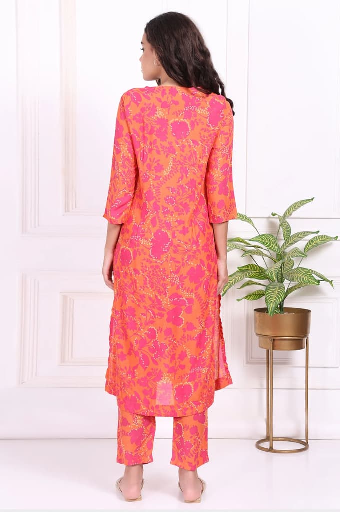 Orange Floral Printed Mirror work Modal Straight Kurta — photo 5