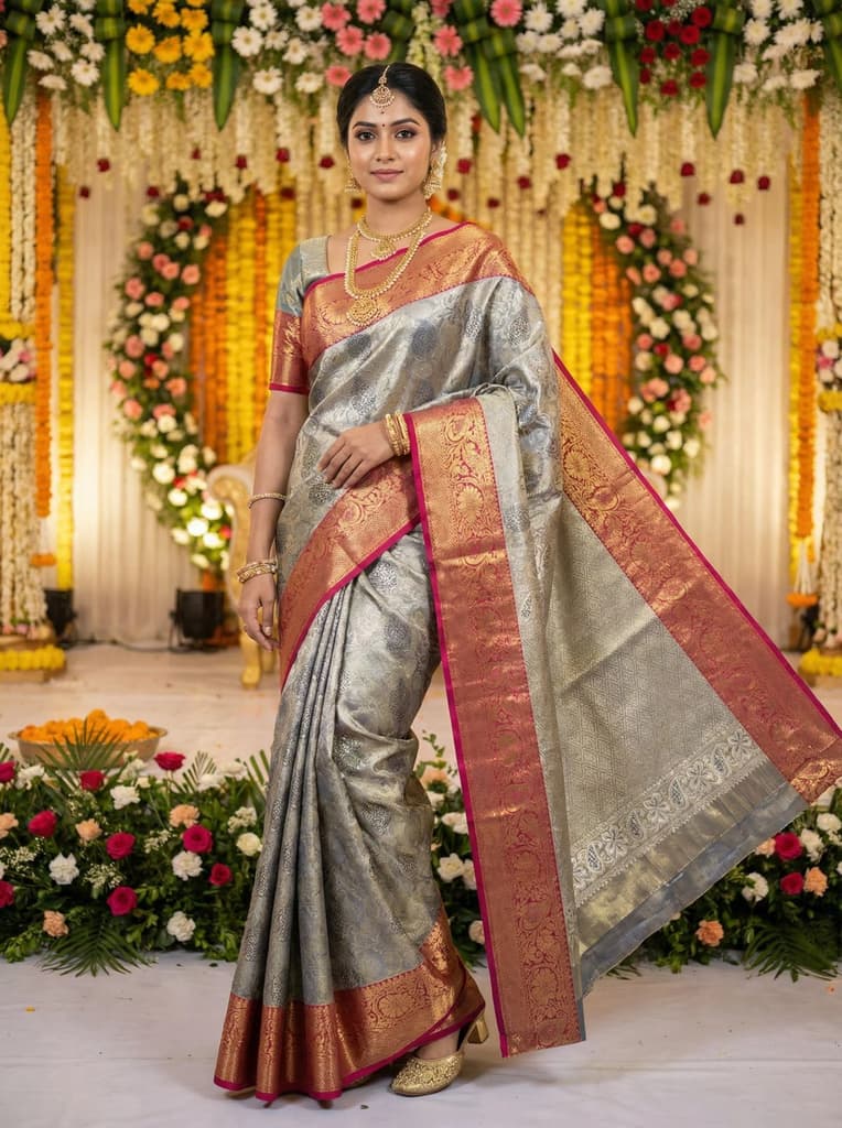 MIMOSA Women's Woven Design Kanjivaram Style Art Silk Saree with Blouse Piece - Navy Blue (SA00002476NVFREE) — photo 4