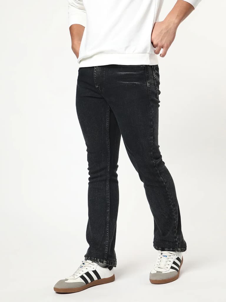 Men's Black Bootcut Fit Mid Rise Acid Wash Jeans Stretchable — 28 / Black