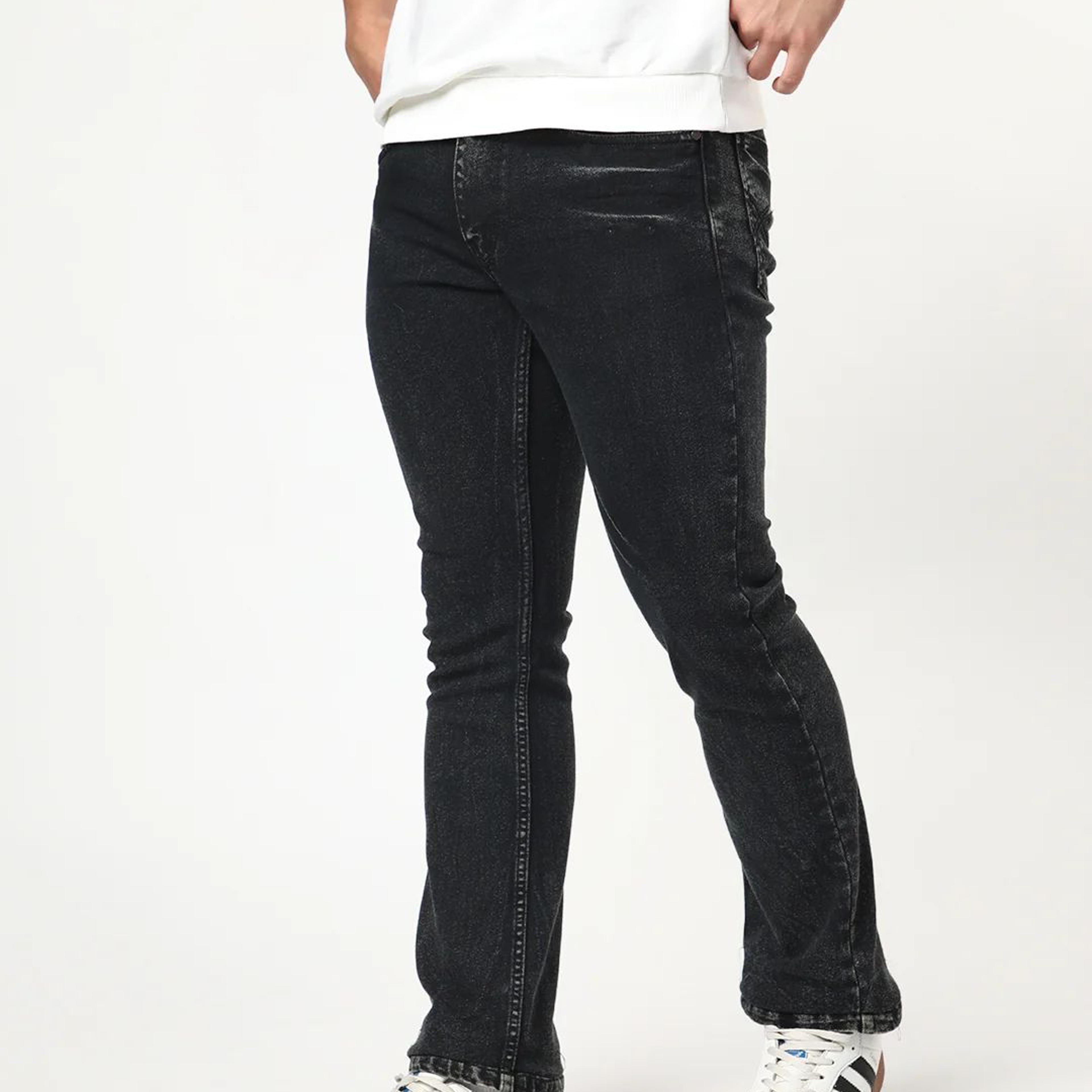 Men's Black Bootcut Fit Mid Rise Acid Wash Jeans Stretchable