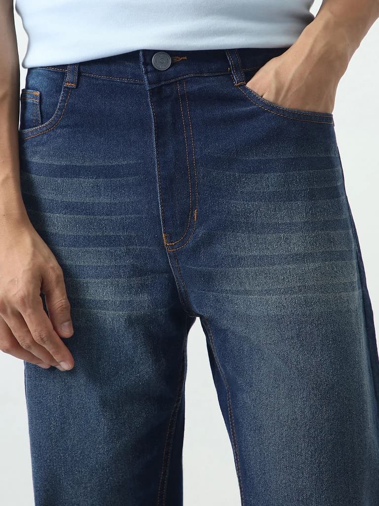 Men's Dark Blue Straight Fit Heavy Washed Jeans Stretchable — photo 6