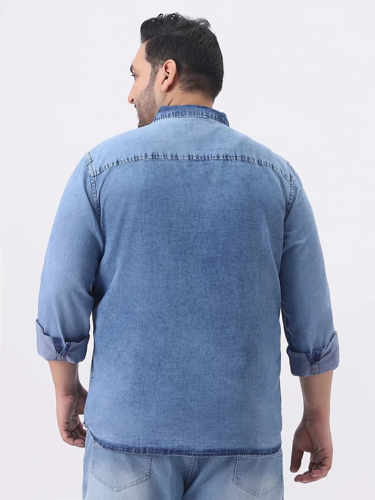 Plus Men's Light Blue Regular Fit Full Sleeve Washed Denim Shirt — photo 3