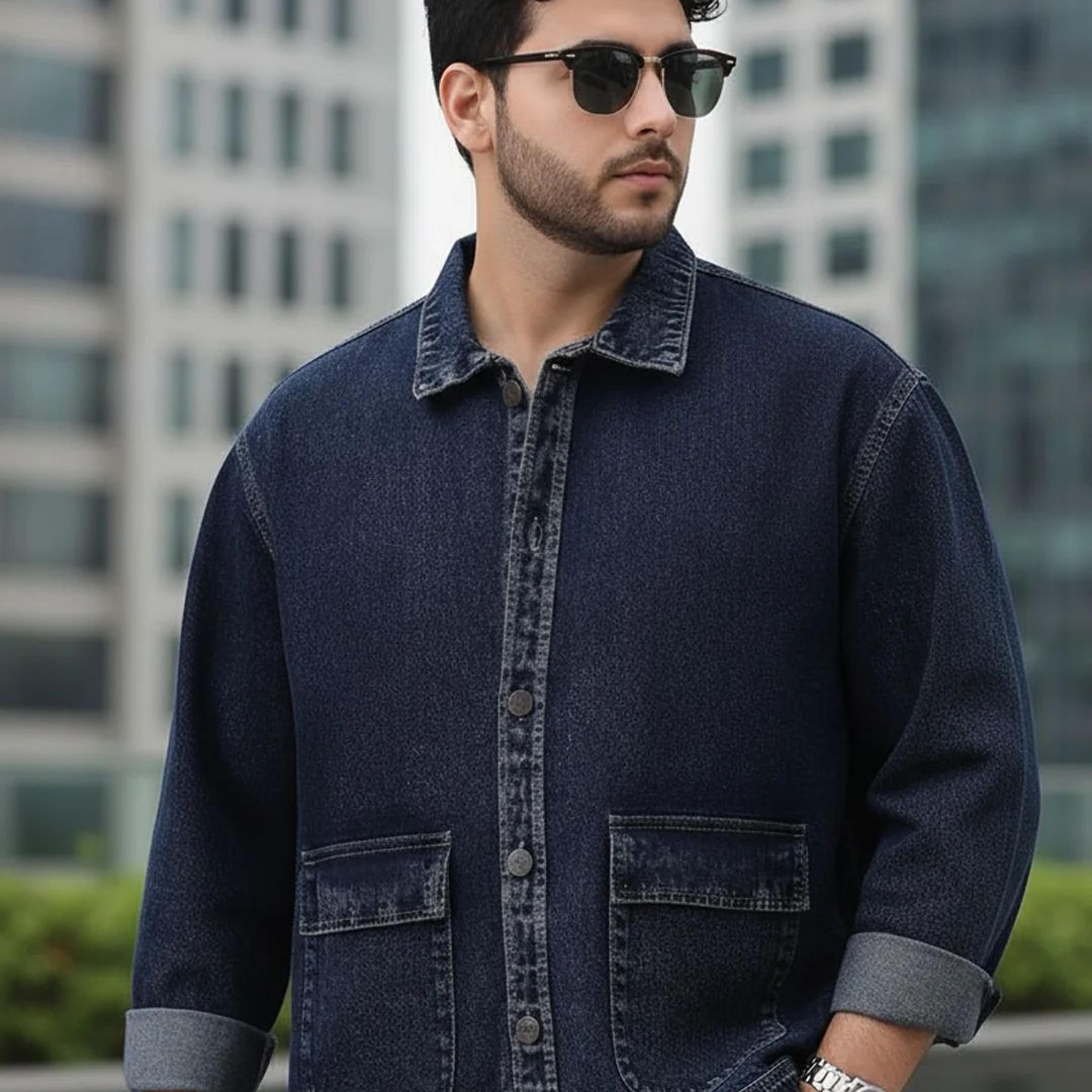 Plus Men's Dark Blue Relaxed Fit Full Sleeve Utility Denim Jacket