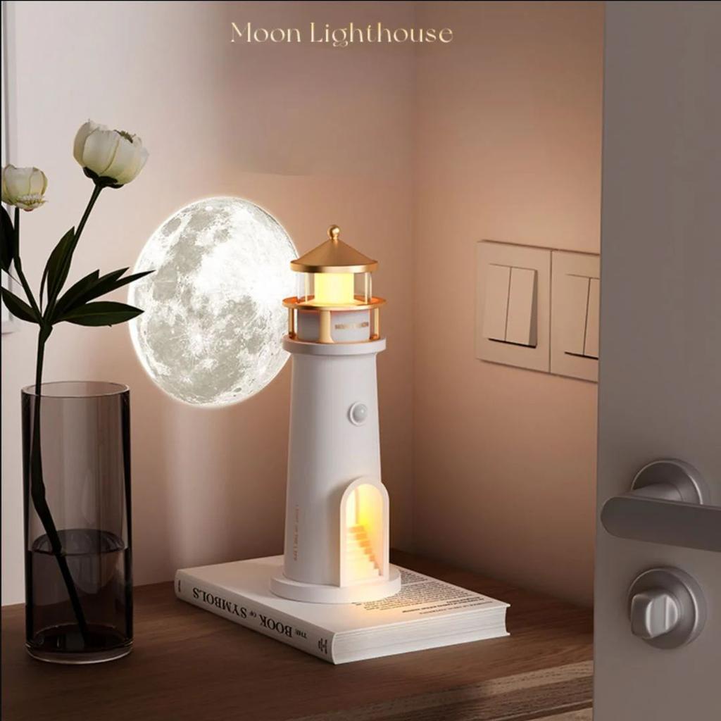 Lighthouse Moonlight Projector Lamp – USB Rechargeable with Remote & Dimmable Night Light