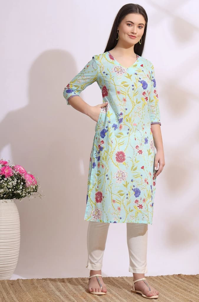 Light Blue Floral Printed Pure Cotton Straight Kurta — photo 7
