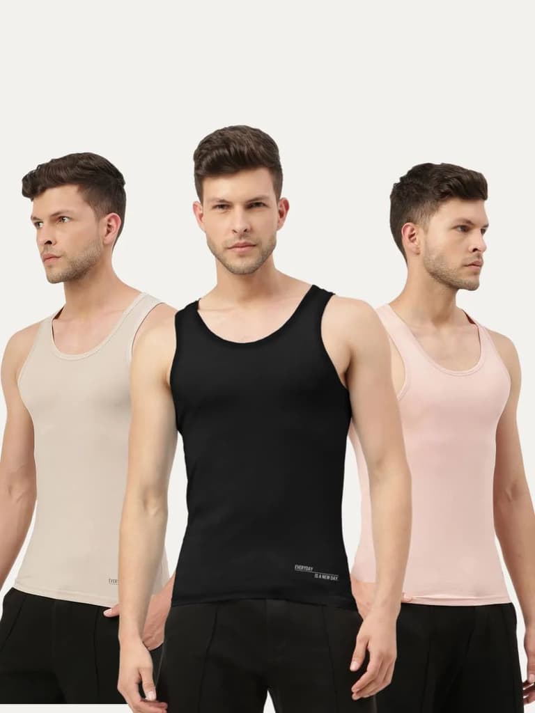 Twin Skin Organic Bamboo Vest - Comfort Fit (Pack of 3) — Black; Beach Sand; Peach / S / Men