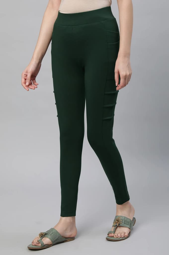 Bottle Green Solid Skinny Fit Tights With Side Pockets — photo 2