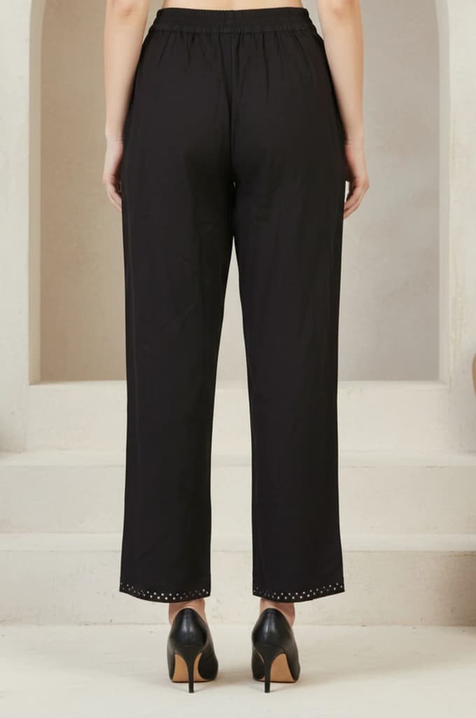 Black Solid Cotton Blend Ankle Length Mid Rise Straight Pants — photo 3