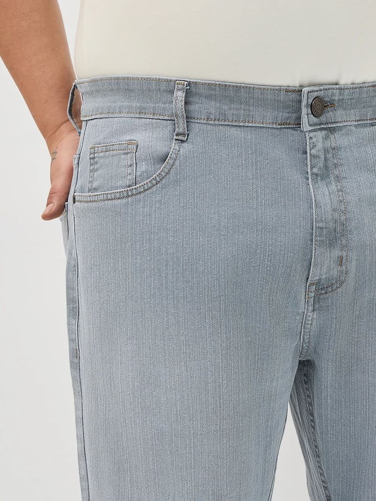 Plus Men's Light Grey Straight Fit Washed Denim Jeans Stretchable — photo 5