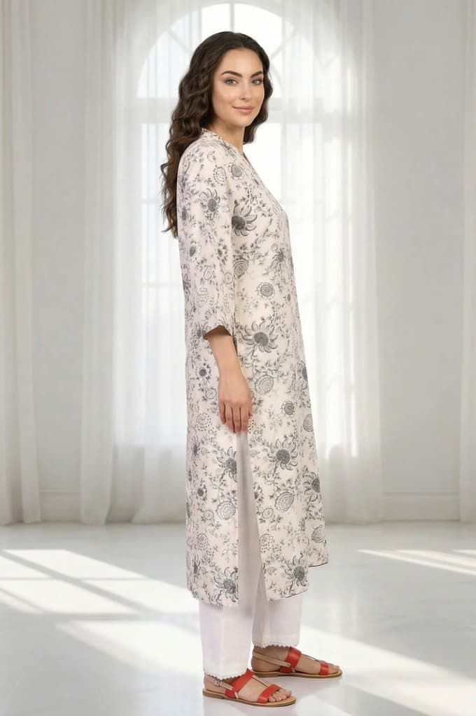 Off-White Floral Printed Straight Kurta — photo 5