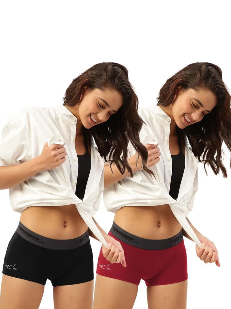 Women's Micro Modal Boy Shorts (Pack of 2) — Pot Black; Sassy Red / S / Women