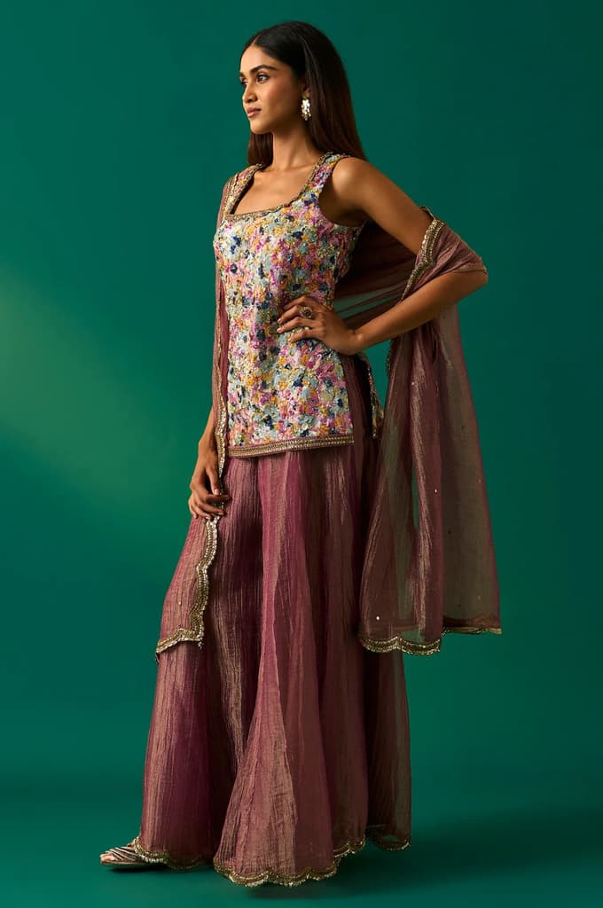 Multicolor Embroidered Straight Tissue Kurta with Culottes and Dupatta Set — photo 3