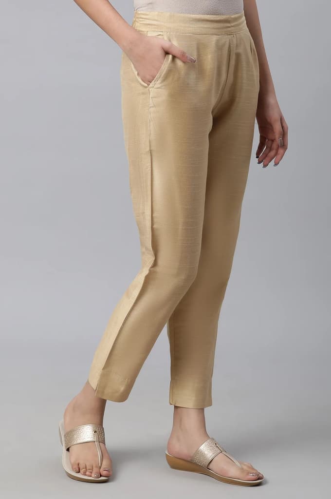Gold Solid Straight Fit Trousers With Elasticated Waist — photo 3