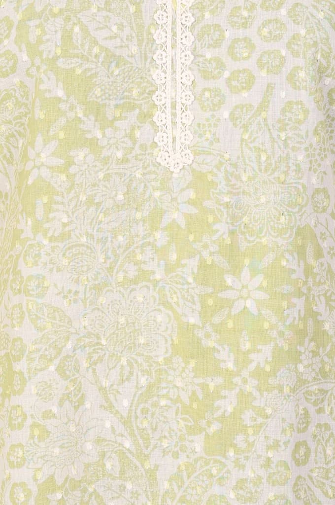 Lime Green Lace Floral Printed Pure Cotton Straight Kurta — photo 3