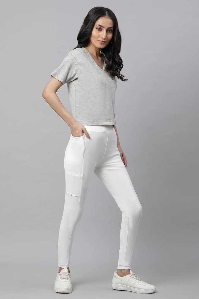 White Solid Skinny Fit Tights With Elasticated Waist — photo 5
