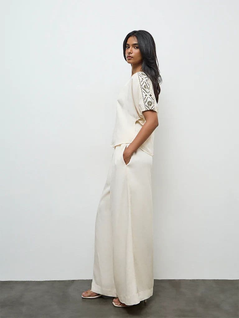 LOV Cream Solid High-Rise Pants