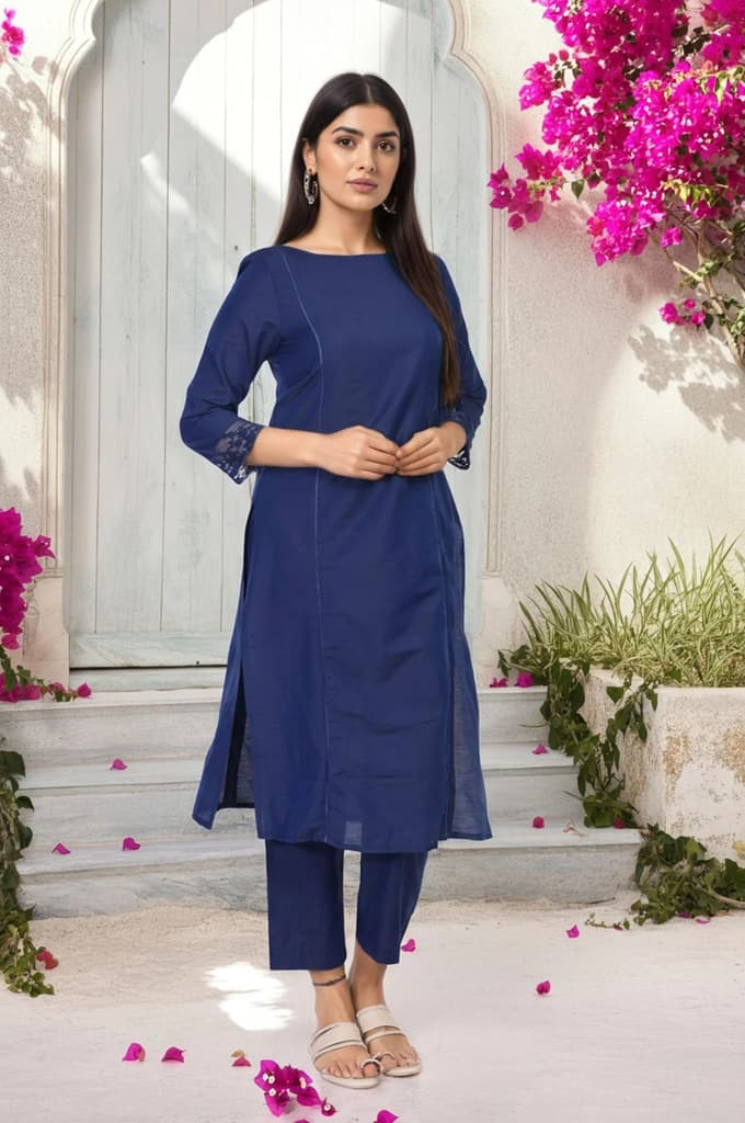 Navy Blue Solid Lace Trim Straight Kurta with Straight Pant and Dupatta Set — photo 4