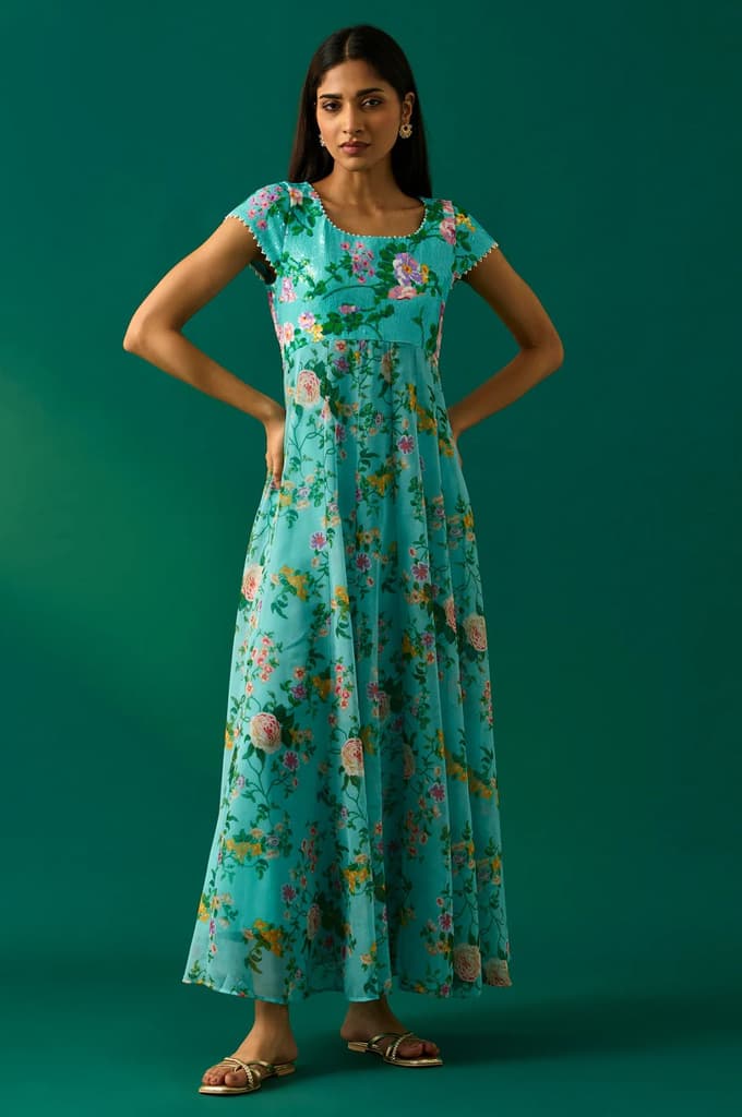 Aqua Blue Embroidered Sequined Flared Georgette Dress with Gillet Set — photo 6