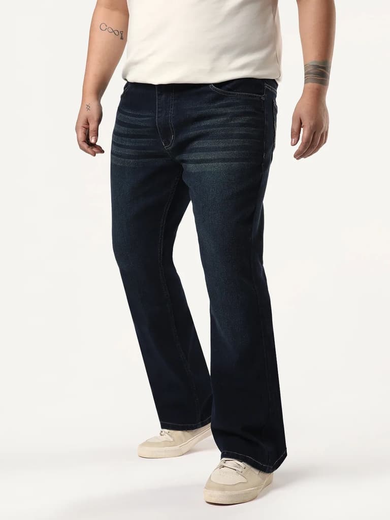 Plus Men's Dark Blue Bootcut Fit Mid Rise Heavy Washed Jeans Stretchable — photo 2