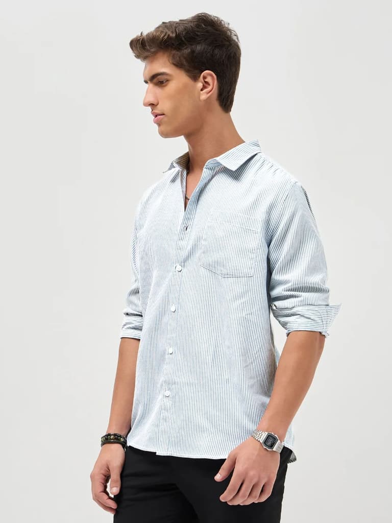 Men's Light Blue Cotton Full Sleeve Regular Fit Casual Striped Shirt — photo 3