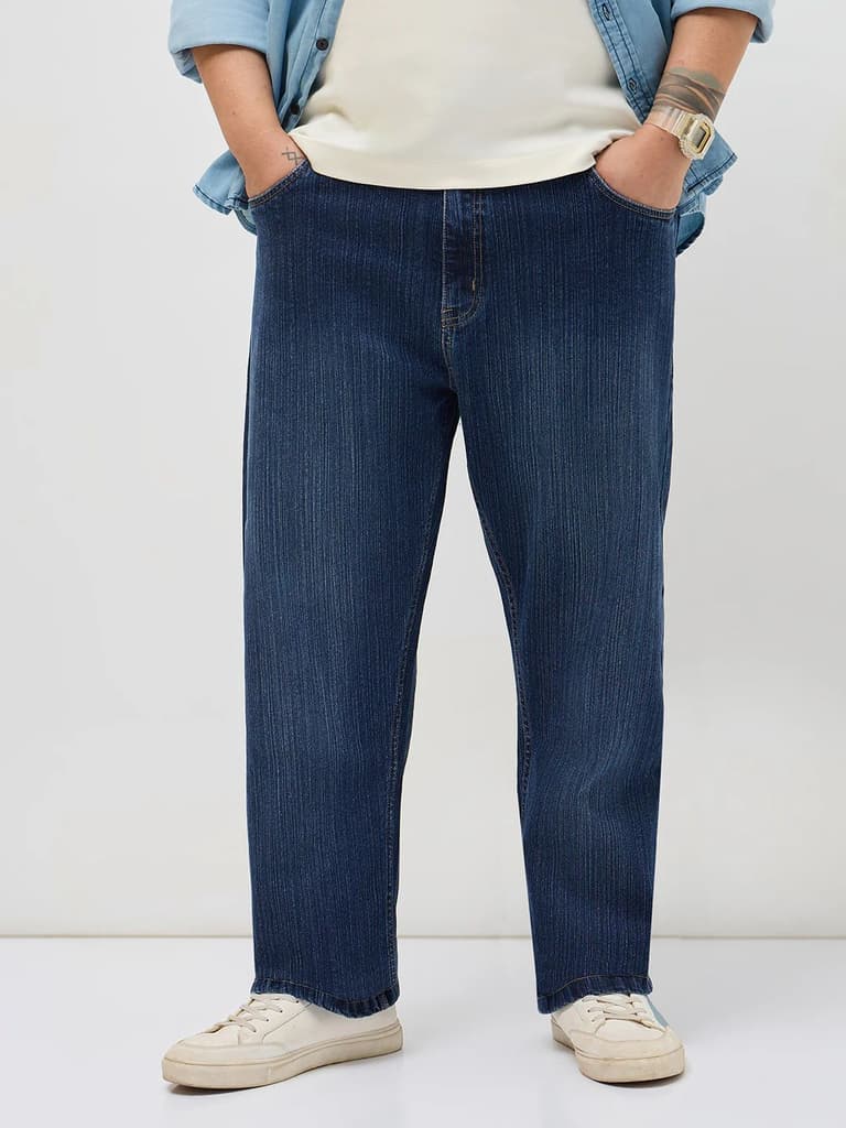Plus Men's Blue Straight Fit Washed Denim Jeans Stretchable — 36 / Blue